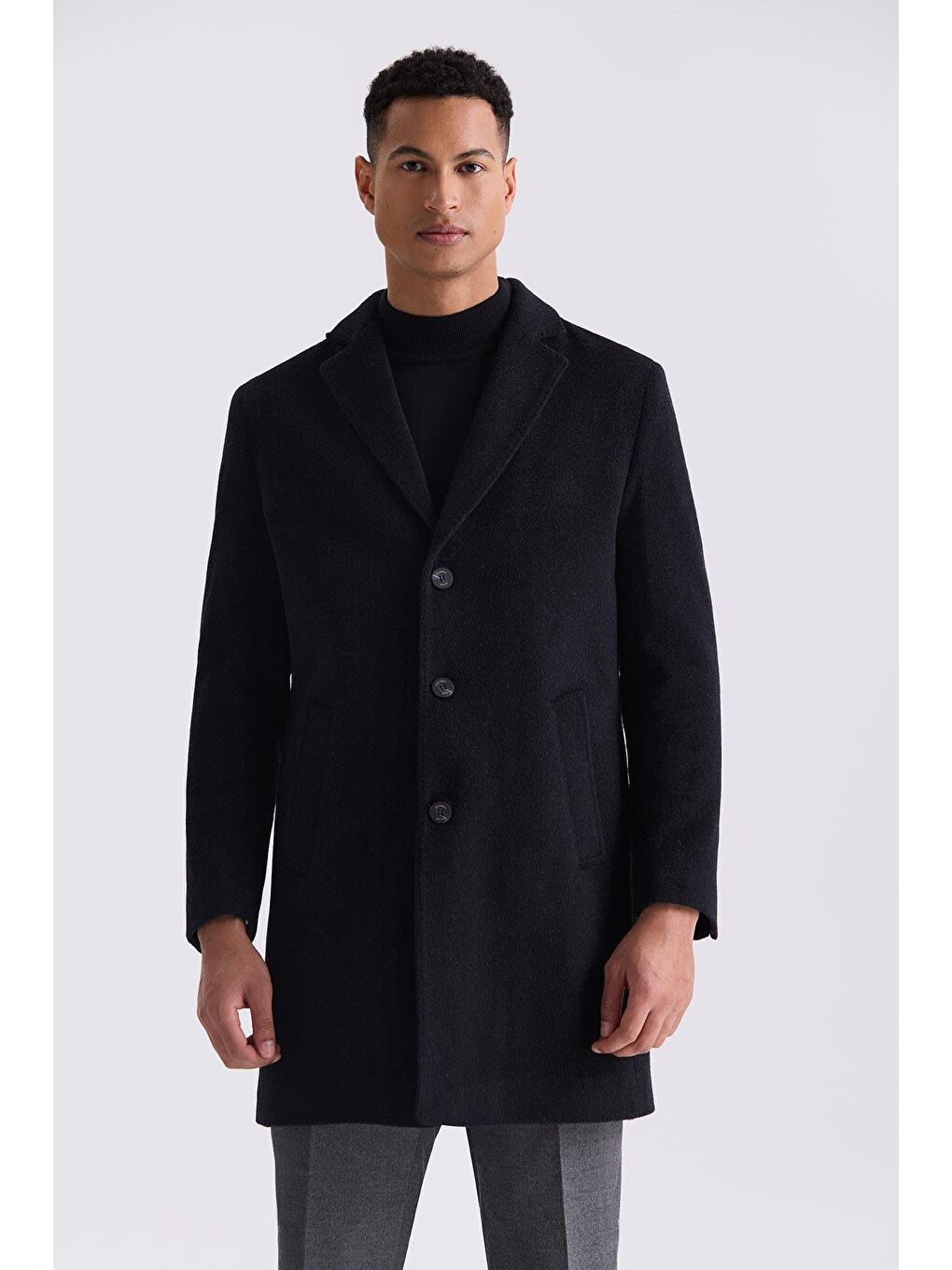 Siyah Comfort Fit Mono Yaka Yan Cep Kaşe Kaban