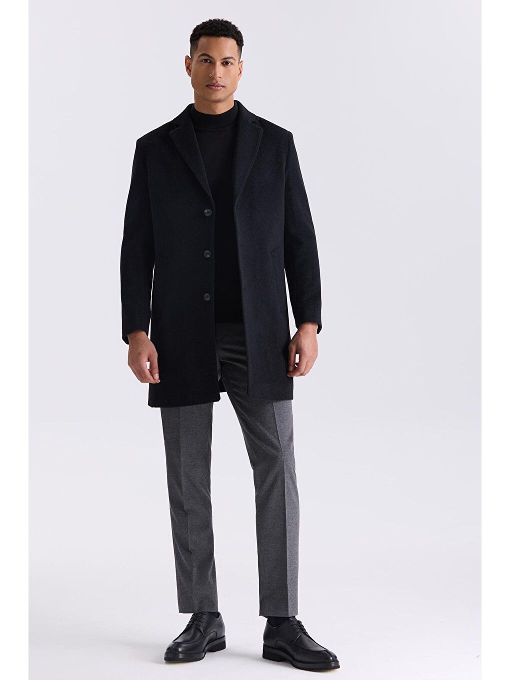 Siyah Comfort Fit Mono Yaka Yan Cep Kaşe Kaban-1