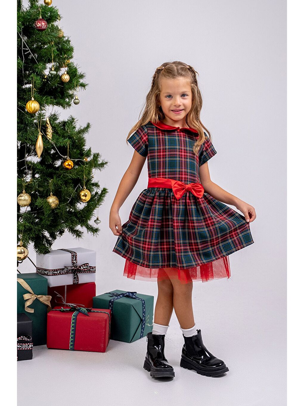 Kırmızı Kız Çocuk Ekose Desenli Fiyonklu Tüllü ( 2-6 ) Yaş Elbise-3