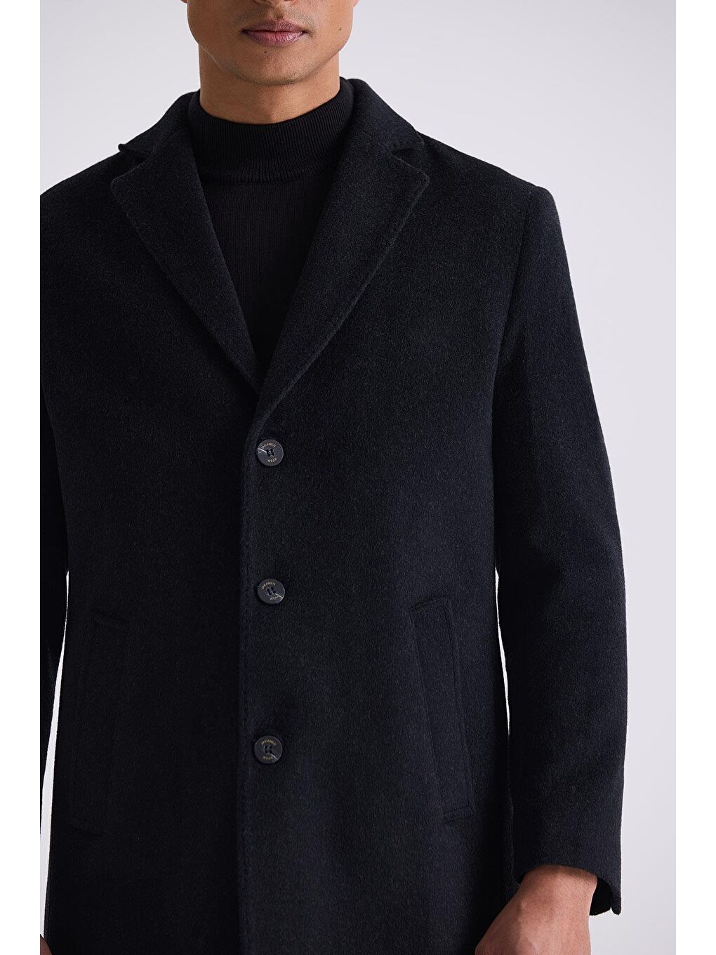 Siyah Comfort Fit Mono Yaka Yan Cep Kaşe Kaban-2