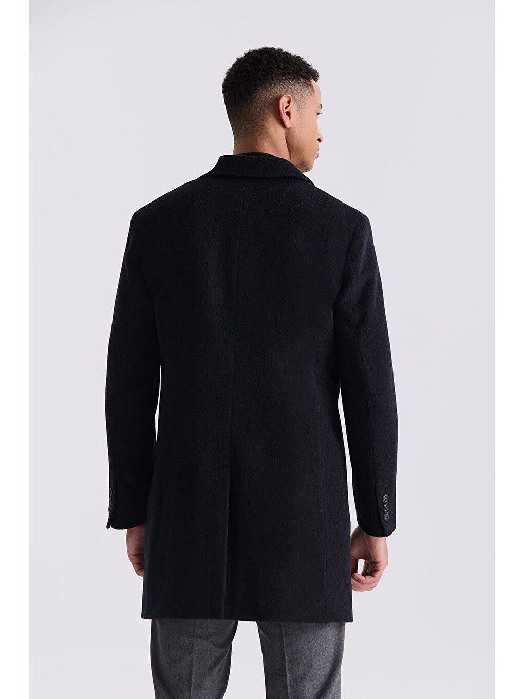 Siyah Comfort Fit Mono Yaka Yan Cep Kaşe Kaban-3
