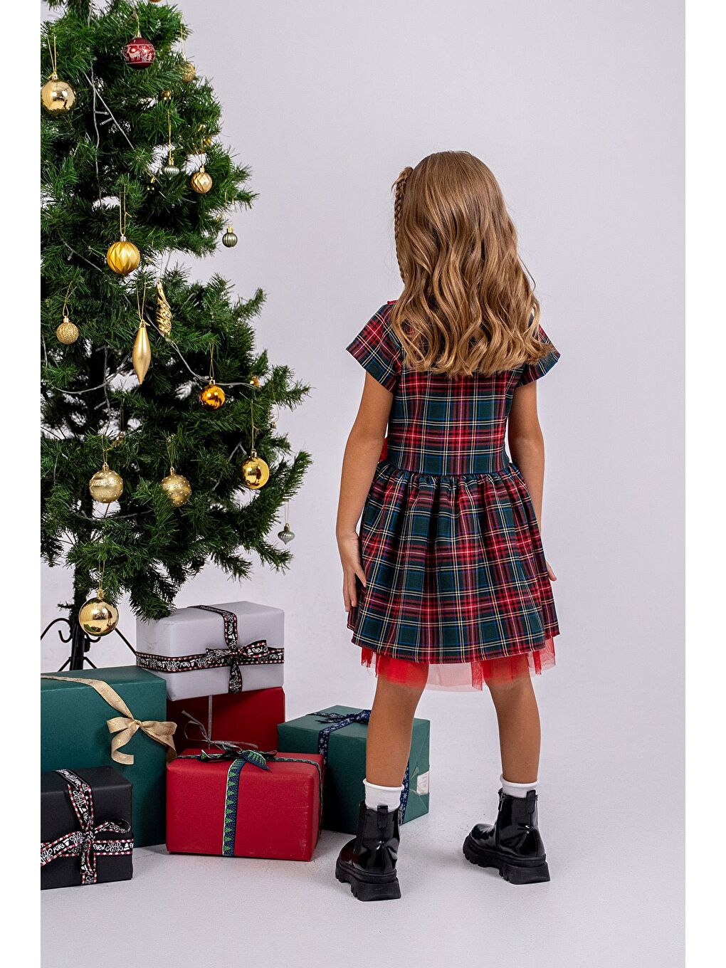 Kırmızı Kız Çocuk Ekose Desenli Fiyonklu Tüllü ( 2-6 ) Yaş Elbise-4