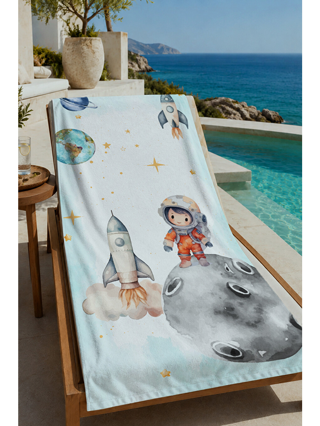 Ekru Beyaz Uzay Astronot Ve Roket Desenli 70x150 Cm Dijital Baskılı Plaj Ve Banyo Havlusu