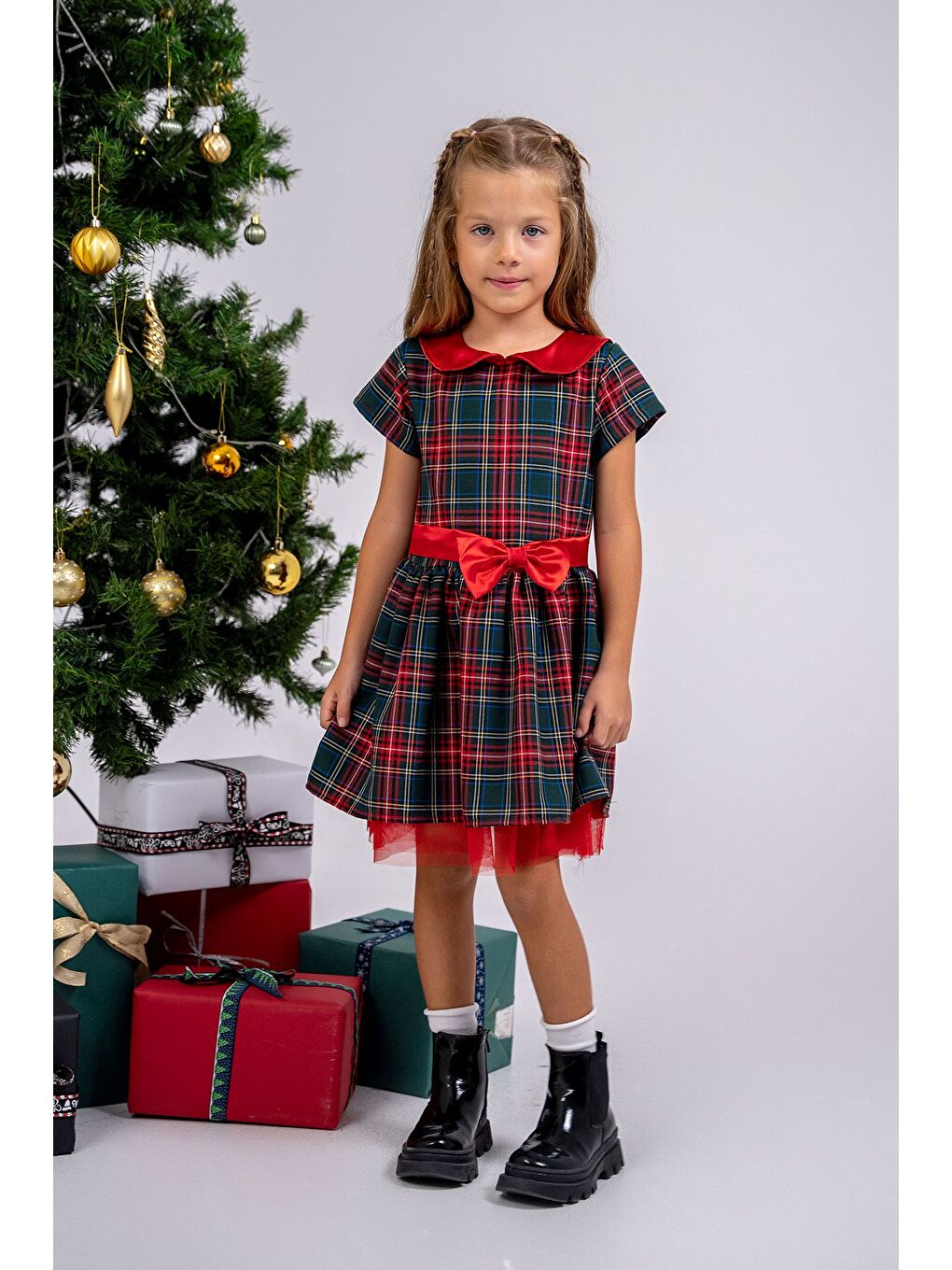 Kırmızı Kız Çocuk Ekose Desenli Fiyonklu Tüllü ( 2-6 ) Yaş Elbise-5