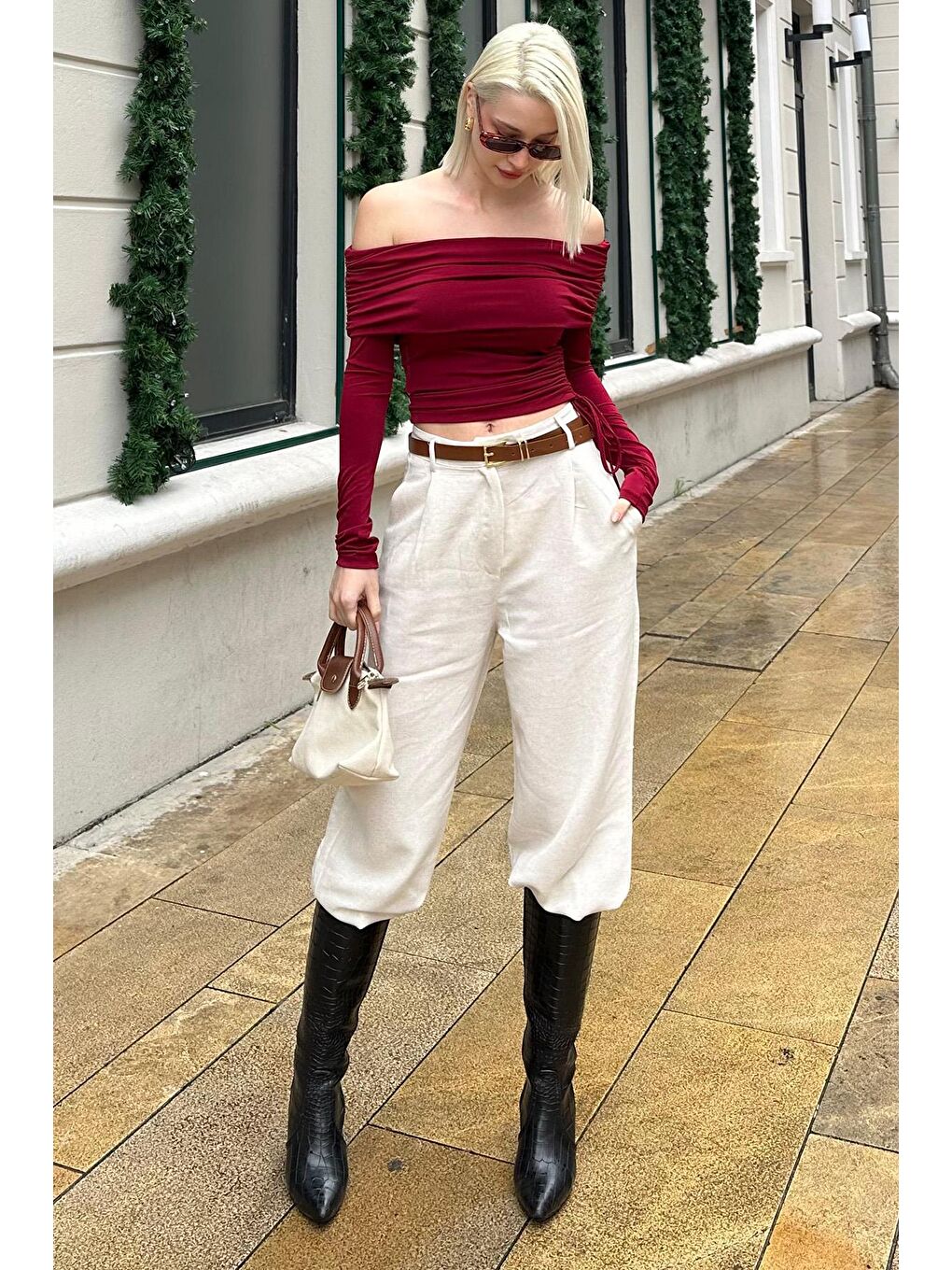 Bordo Büzgülü Kayık Yaka Kadın Bodysuit Mg2250