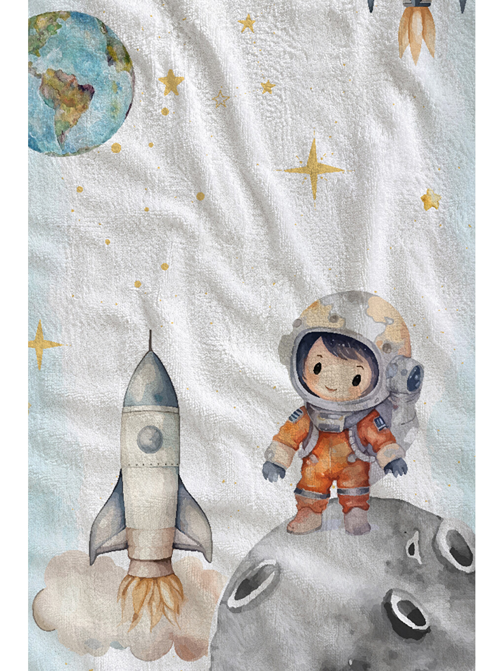 Ekru Beyaz Uzay Astronot Ve Roket Desenli 70x150 Cm Dijital Baskılı Plaj Ve Banyo Havlusu-1