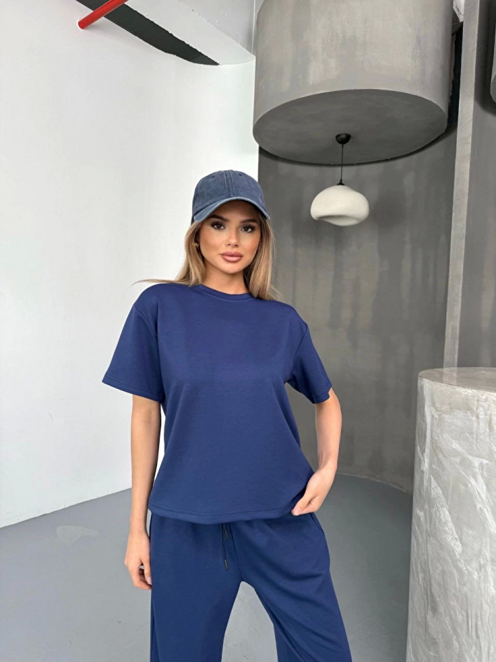 Osy Modal Yumuşak Dokulu Kumaş Kısa Kollu Bluz Rahat Pantalon Ikili Takım- Lacivert-3