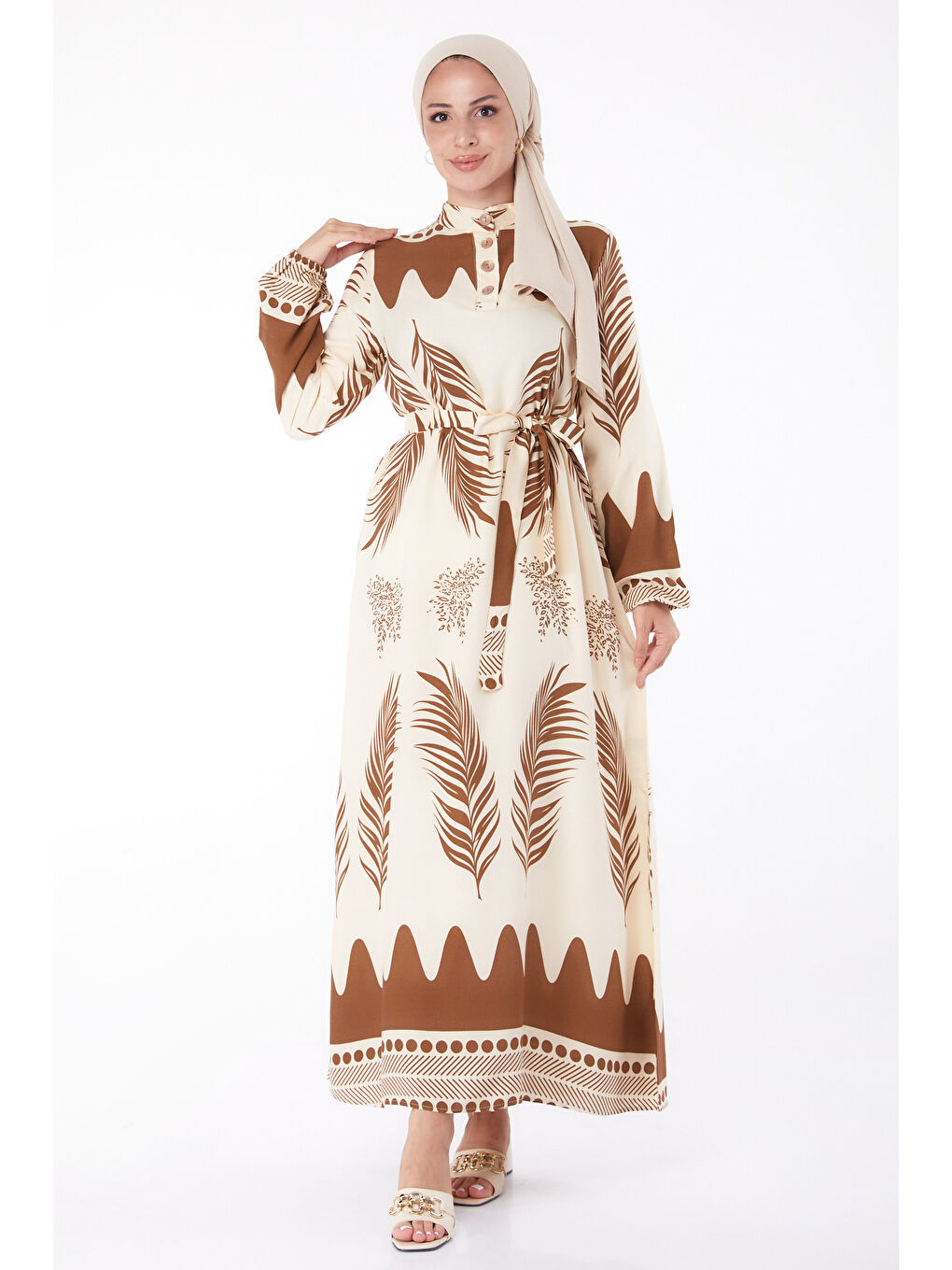 Hakim Yaka Kadın Kahverengi Sulu Deseli Patlı Elbise - 13270