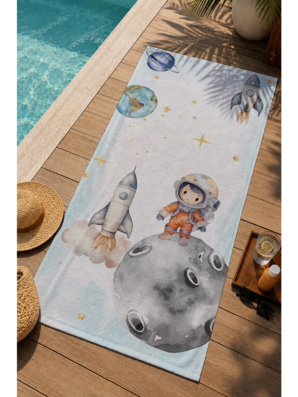 Ekru Beyaz Uzay Astronot Ve Roket Desenli 70x150 Cm Dijital Baskılı Plaj Ve Banyo Havlusu-2