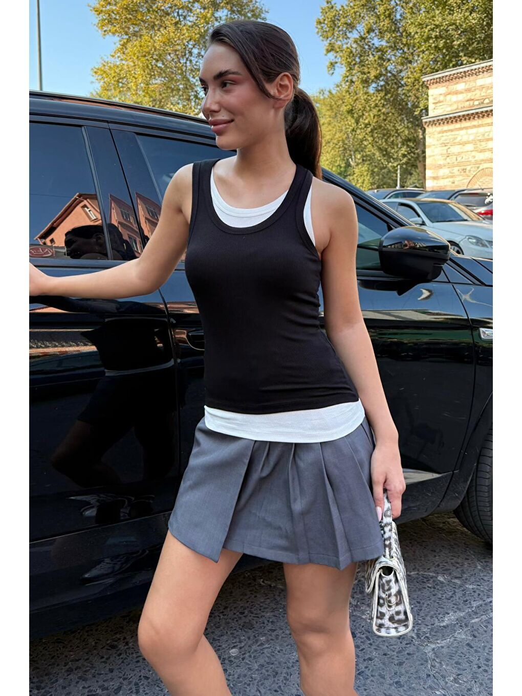 Siyah Çift Kat Görünümlü Kadın Atlet Mg2558-7