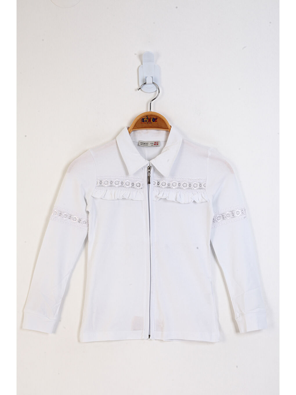 Beyaz Kız Çocuk Fermuar Kapatmalı Güpür Detaylı Tişört