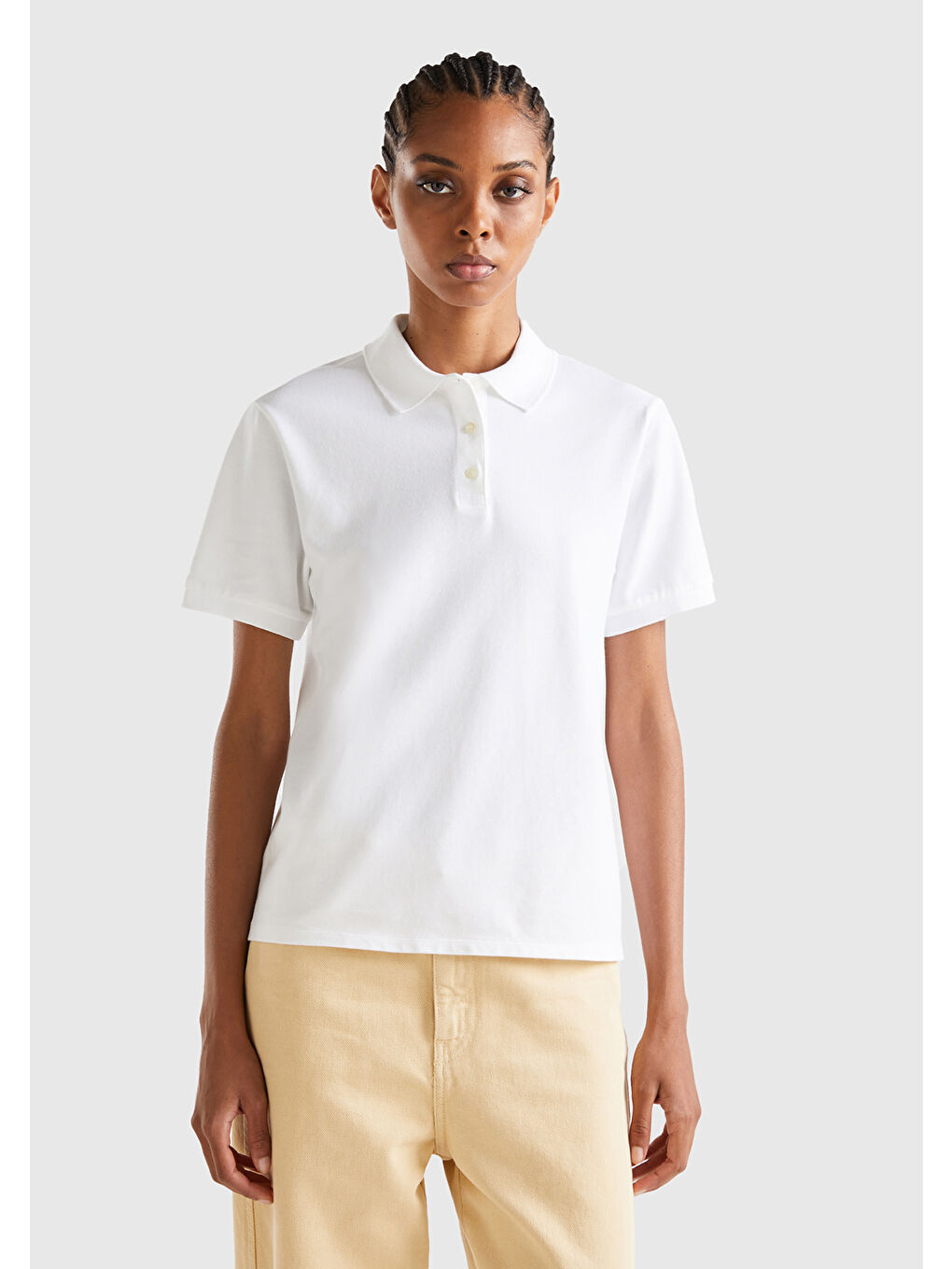 Kadın Beyaz Streç Pamuklu Sol Altı Logo Baskılı Polo Tişört