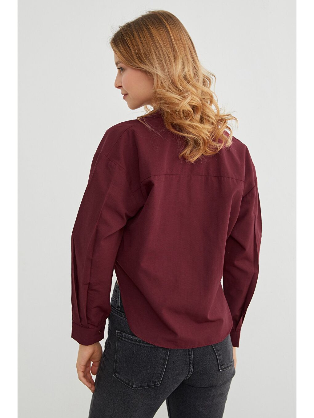 Bordo Kelebek Aksesuarlı Crop Gömlek-3