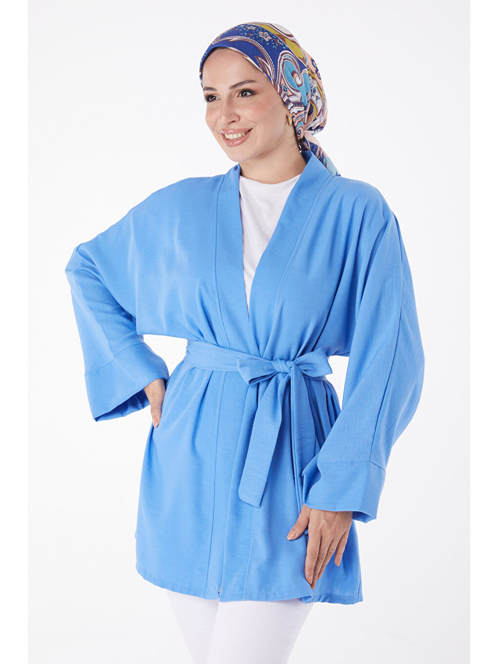 TOFİSA Düz Orta Kadın Mavi Kuşaklı Kimono - 26129