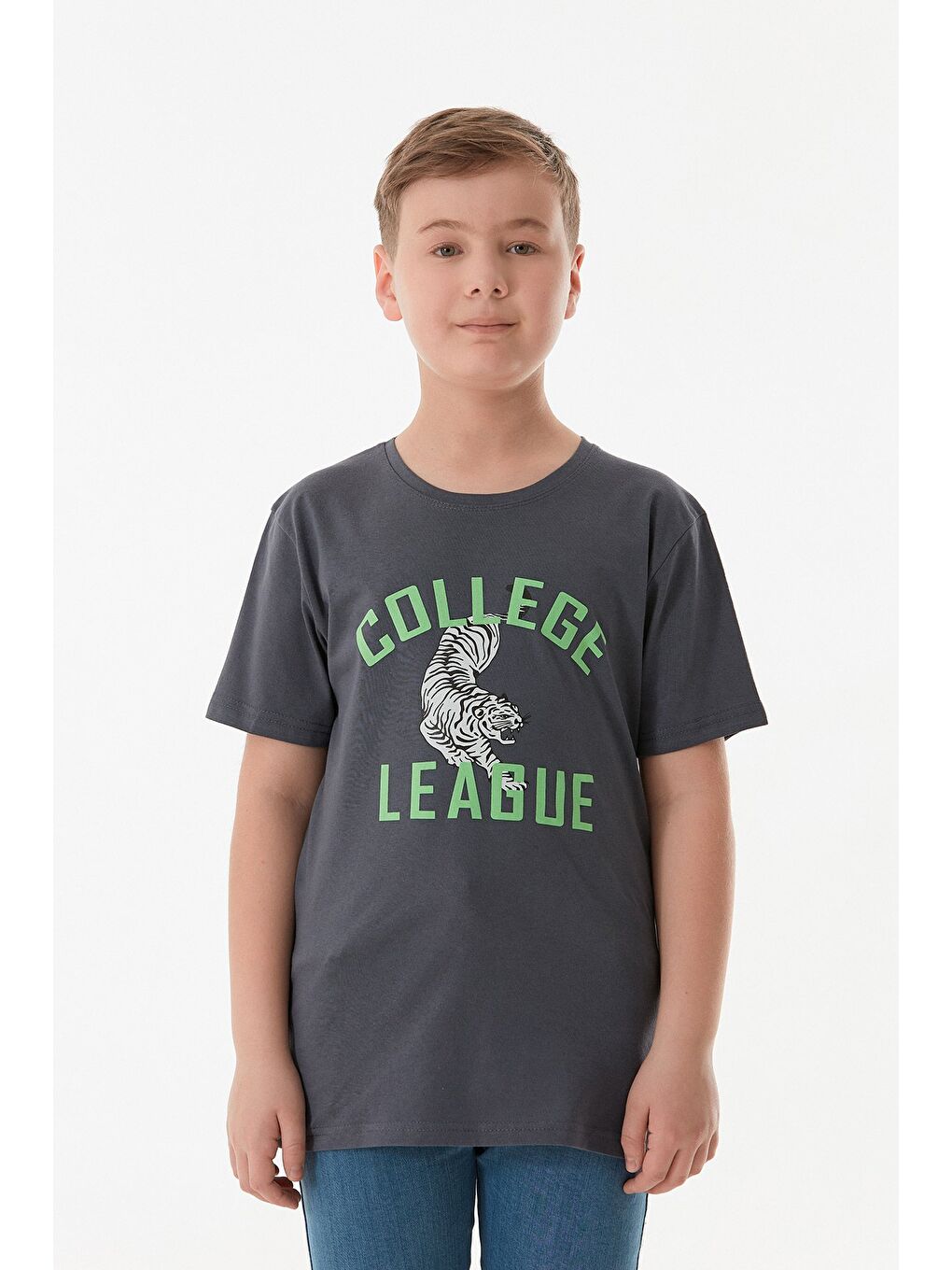 Antrasit College Ve Kaplan Baskılı Erkek Çocuk Tişört