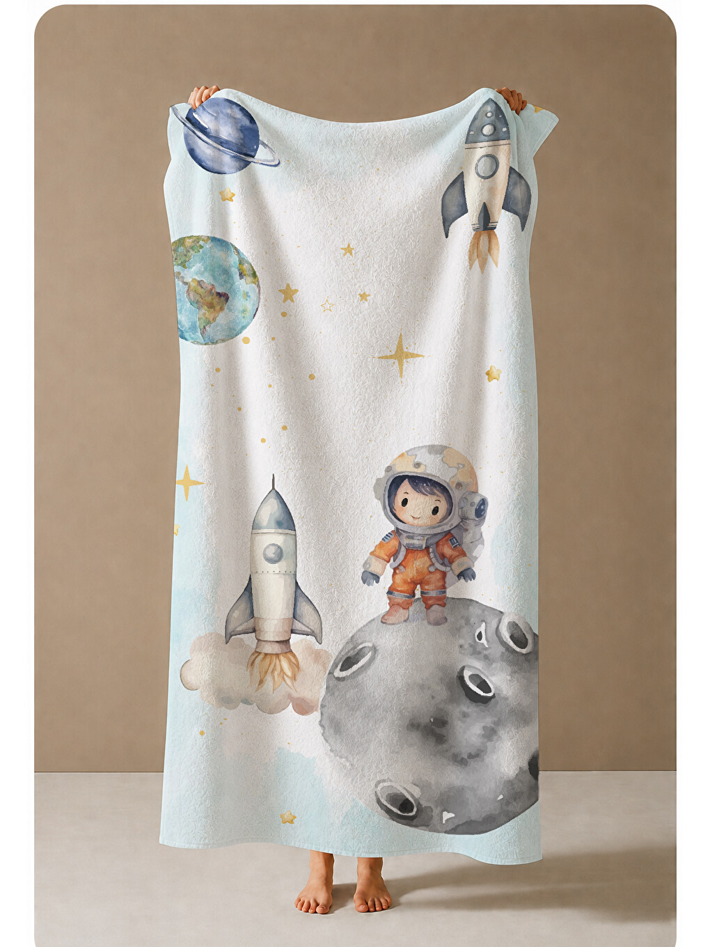 Ekru Beyaz Uzay Astronot Ve Roket Desenli 70x150 Cm Dijital Baskılı Plaj Ve Banyo Havlusu-3