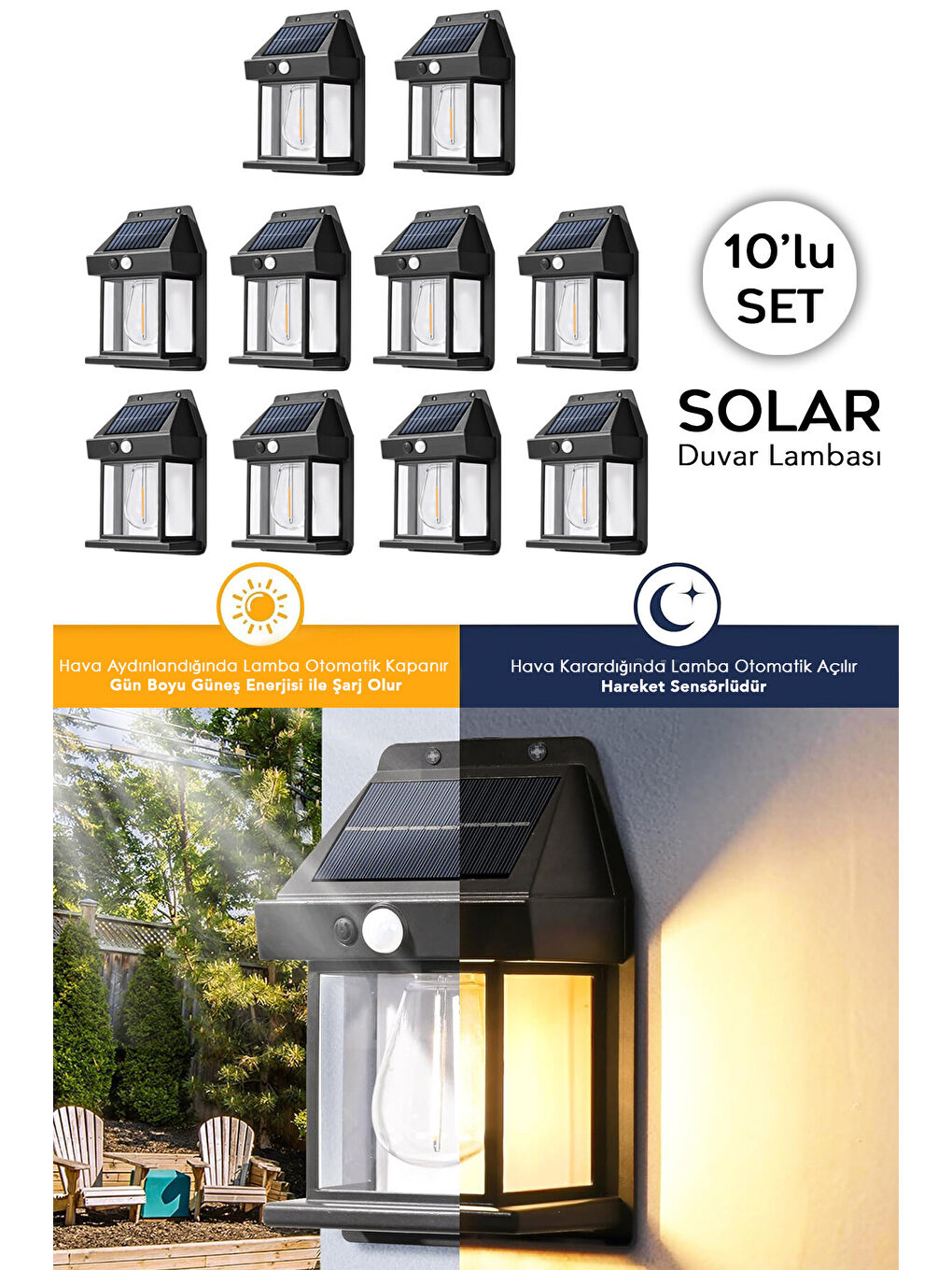 Siyah 10 Adet Solar Duvar Lambası
