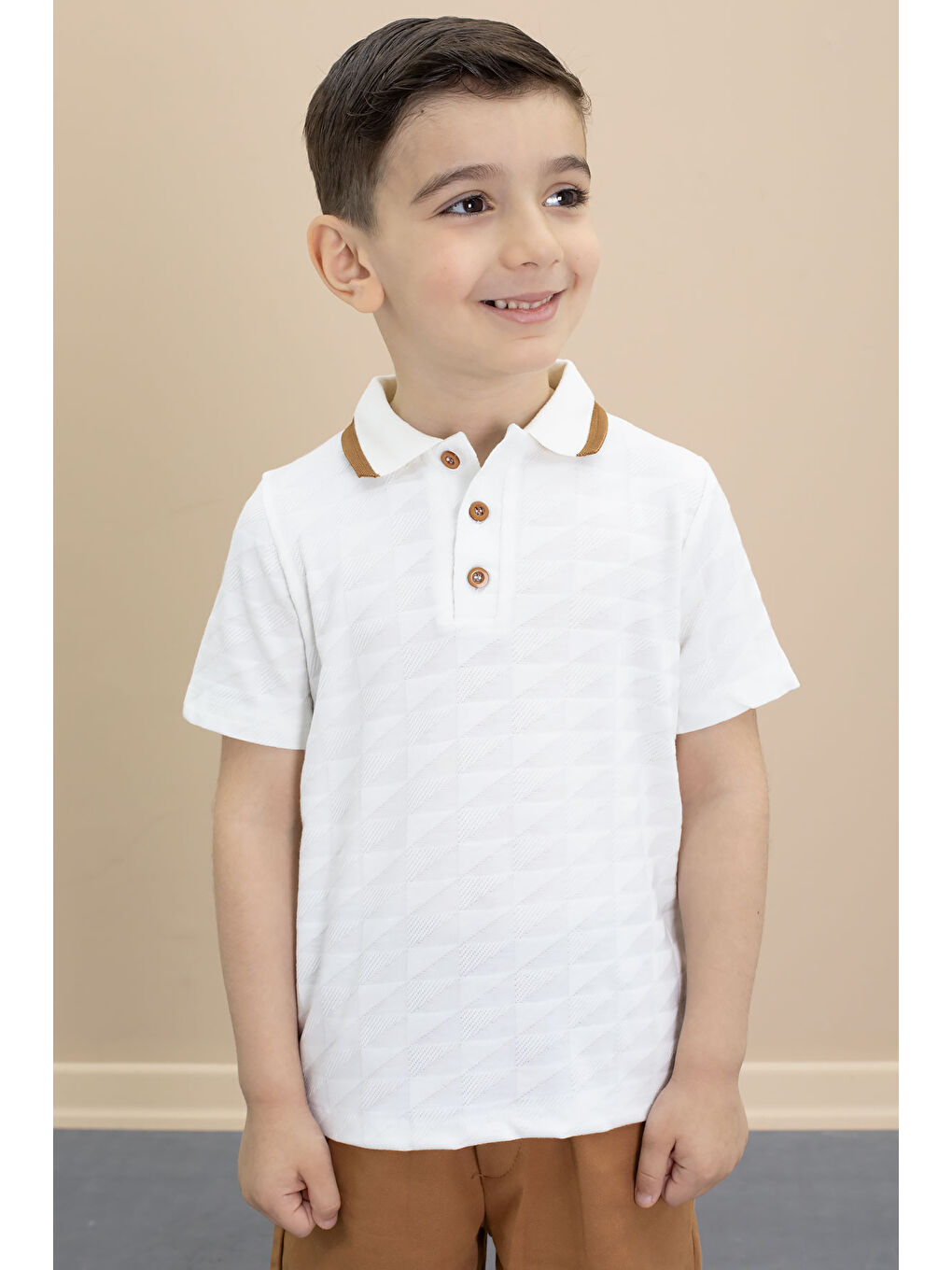 Kahverengi Taba Polo Yaka Düğmeli Tişörtlü Erkek Çocuk Şortlu 2li Takım 21106-3