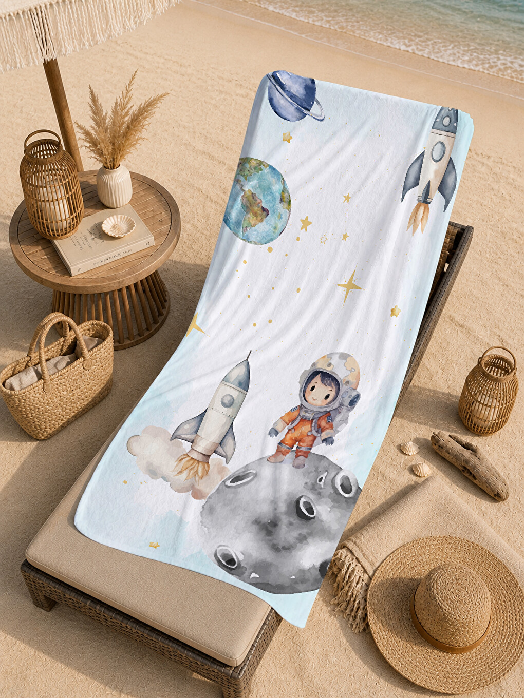 Ekru Beyaz Uzay Astronot Ve Roket Desenli 70x150 Cm Dijital Baskılı Plaj Ve Banyo Havlusu-4