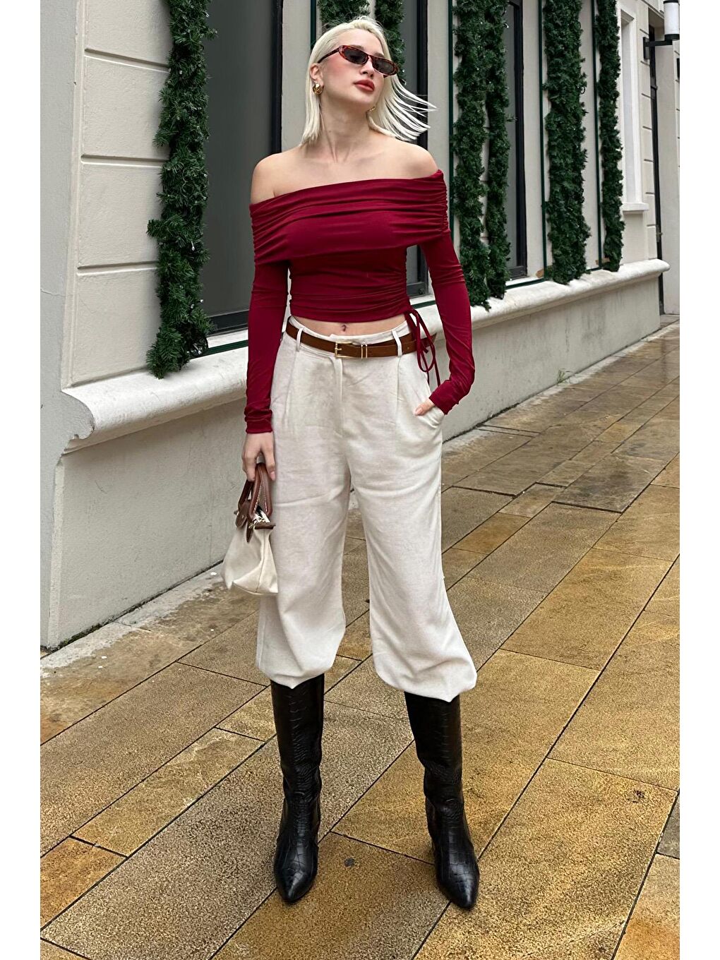 Bordo Büzgülü Kayık Yaka Kadın Bodysuit Mg2250-1