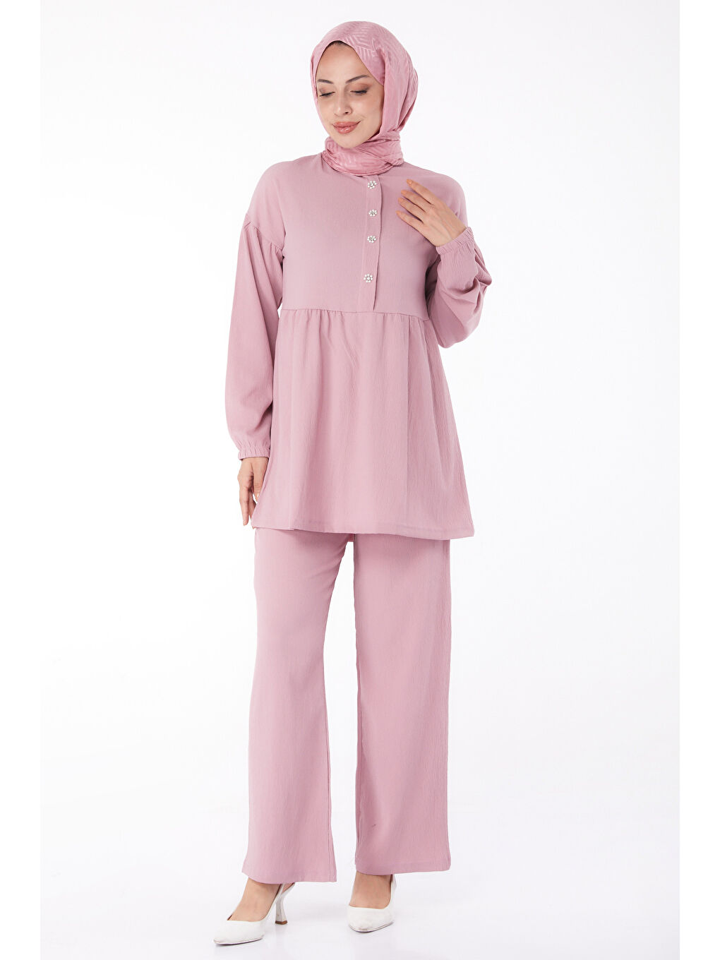 TOFİSA Pembe Düz Bisiklet Yaka Kadın Pembe Tunik+Pantolon - 11629 - 2