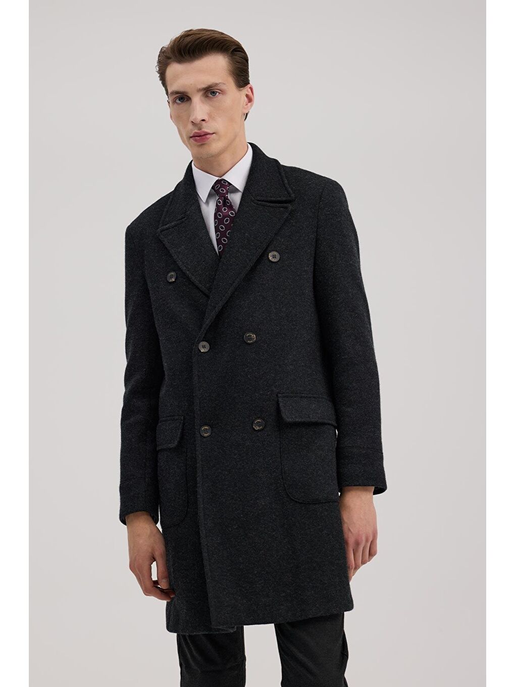 Antrasit Comfort Fit Kruvaze Yünlü Kaban-1