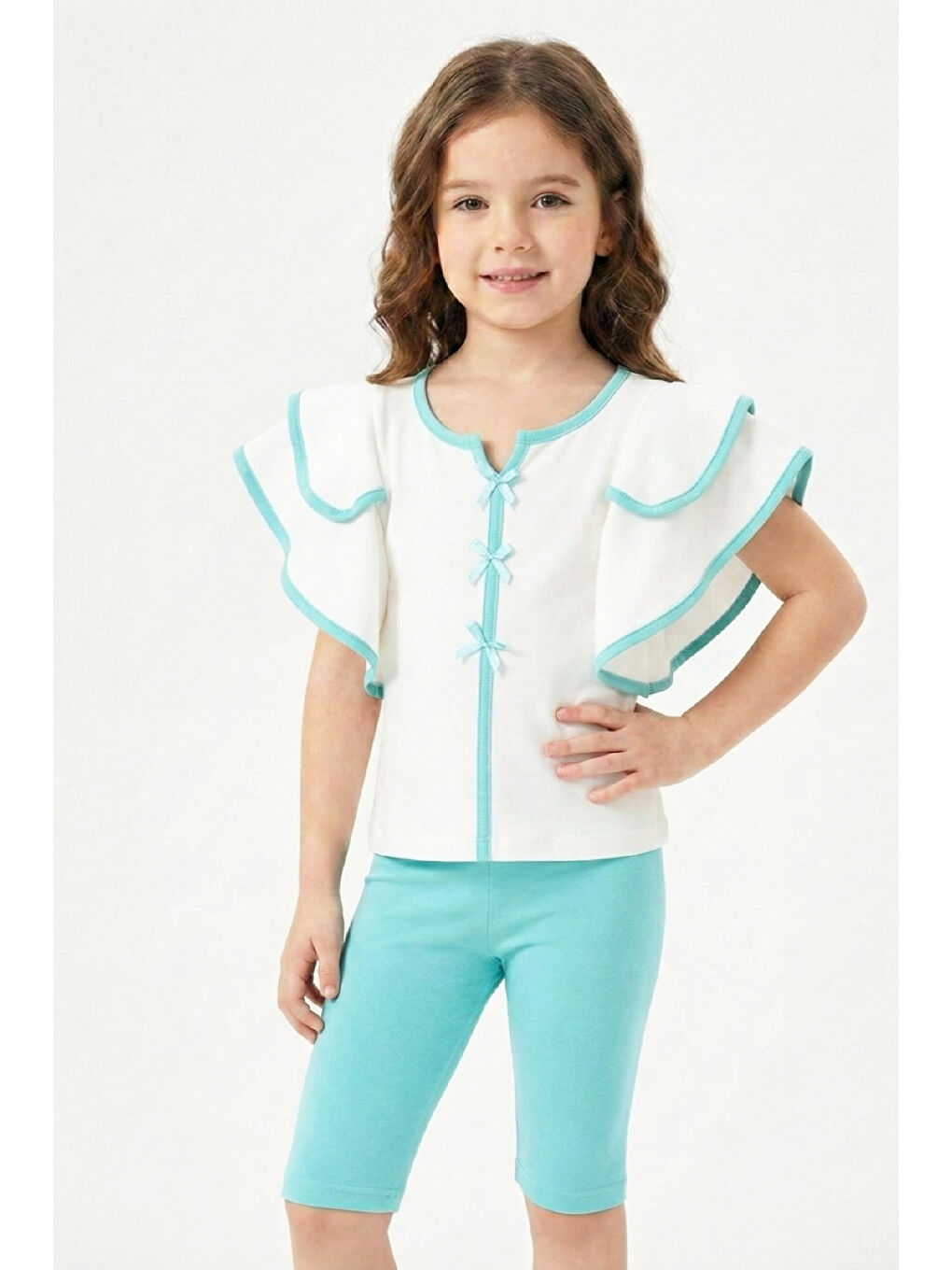 Turkuaz Kız Çocuk Geniş Omuzlu ve Fırfırlı Alt-Üst Takım 3-8 Yaş 12551