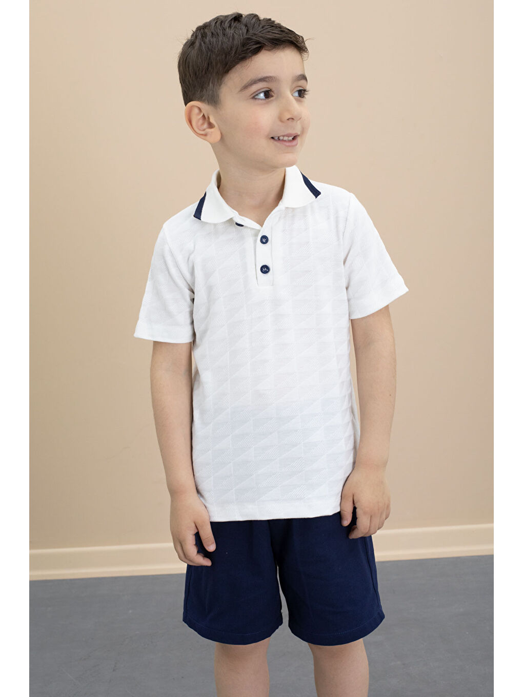 Lacivert Polo Yaka Düğmeli Tişörtlü Erkek Çocuk Şortlu 2li Takım 21105-1