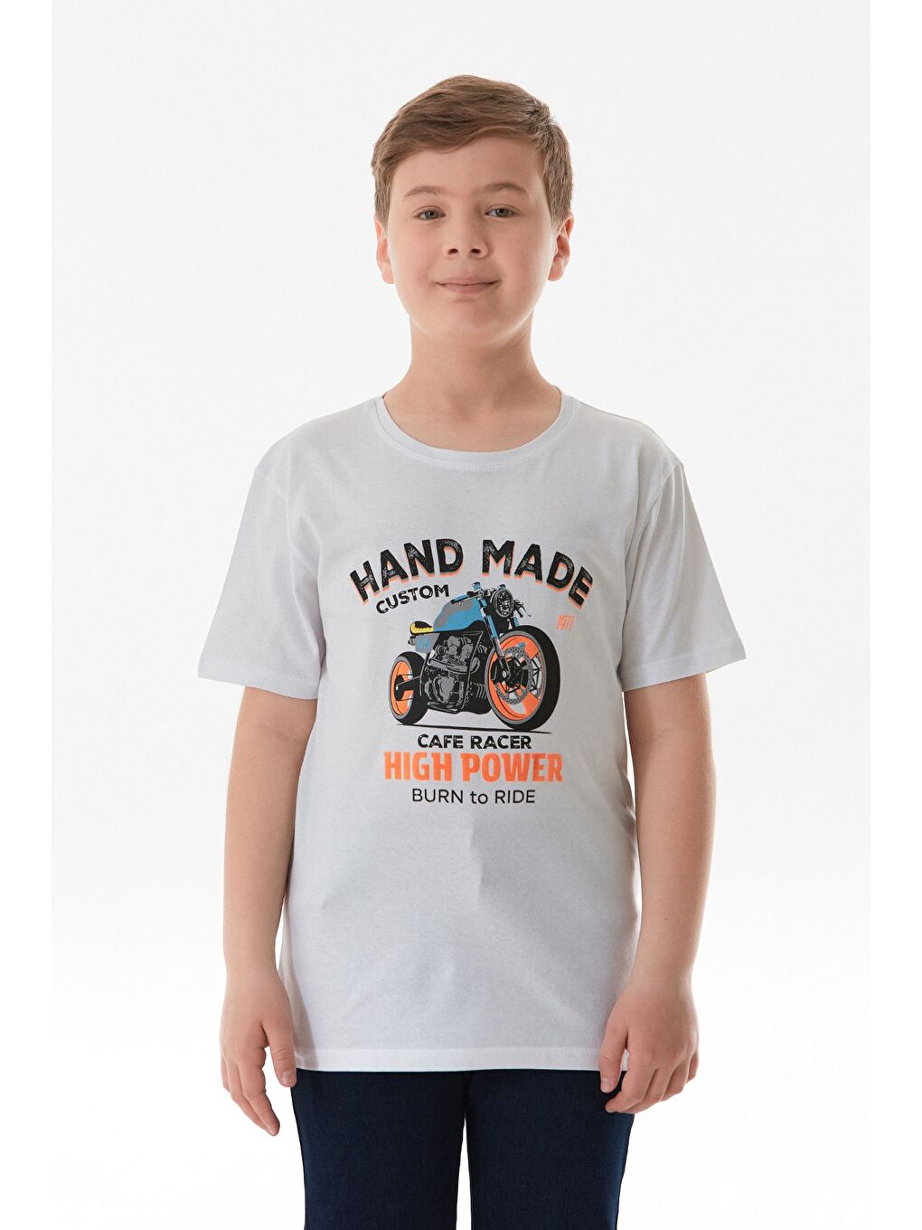 Beyaz %100 Pamuk Motorsiklet Baskılı Erkek Çocuk Tişört