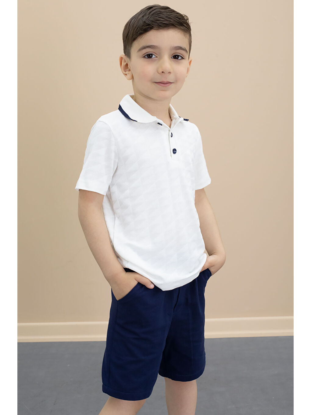 Lacivert Polo Yaka Düğmeli Tişörtlü Erkek Çocuk Şortlu 2li Takım 21105-2