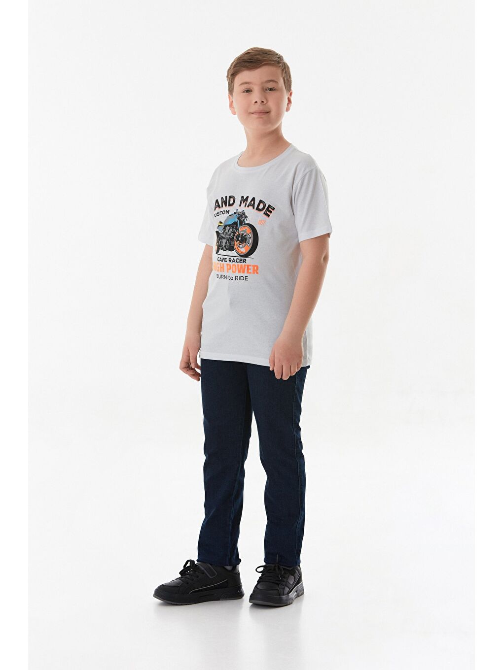 Beyaz %100 Pamuk Motorsiklet Baskılı Erkek Çocuk Tişört-1