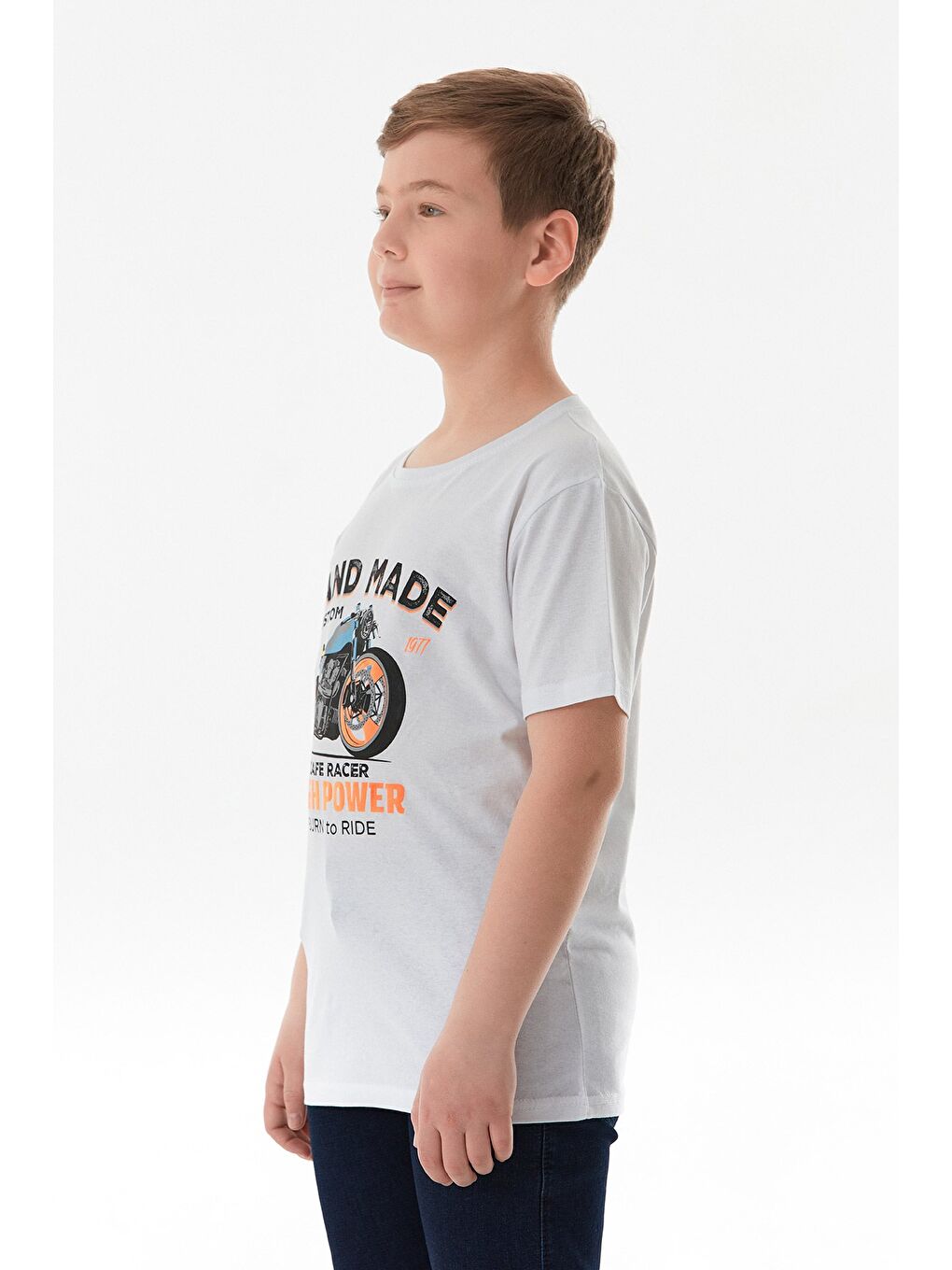 Beyaz %100 Pamuk Motorsiklet Baskılı Erkek Çocuk Tişört-2
