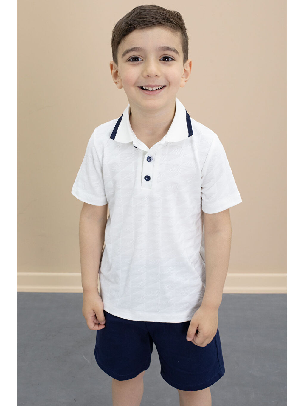 Lacivert Polo Yaka Düğmeli Tişörtlü Erkek Çocuk Şortlu 2li Takım 21105-3