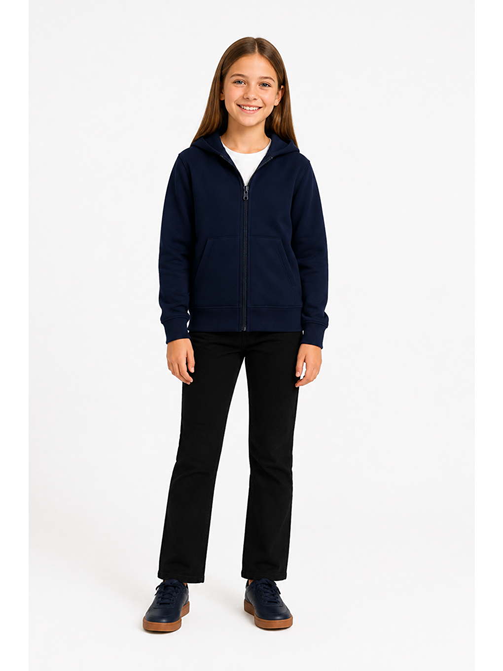 Lacivert Kız Çocuk Basic Fermuarlı Kalın 3 İplik Kışlık Okul Sweat Ak264495-4
