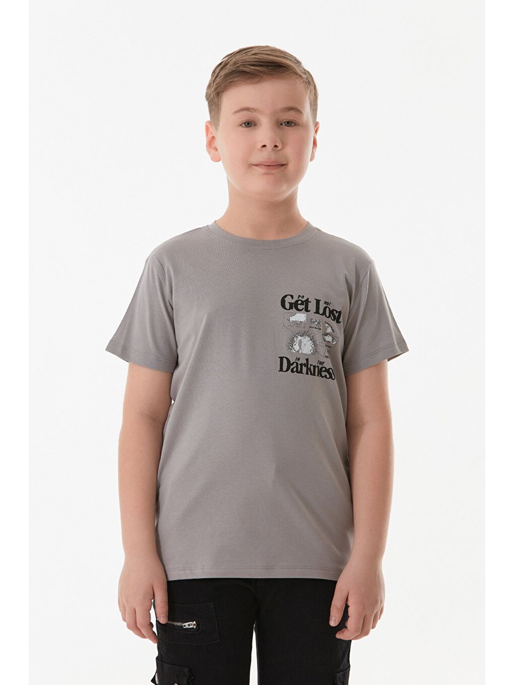 Gri Yazı Baskılı Bisiklet Yaka Erkek Çocuk Tişört