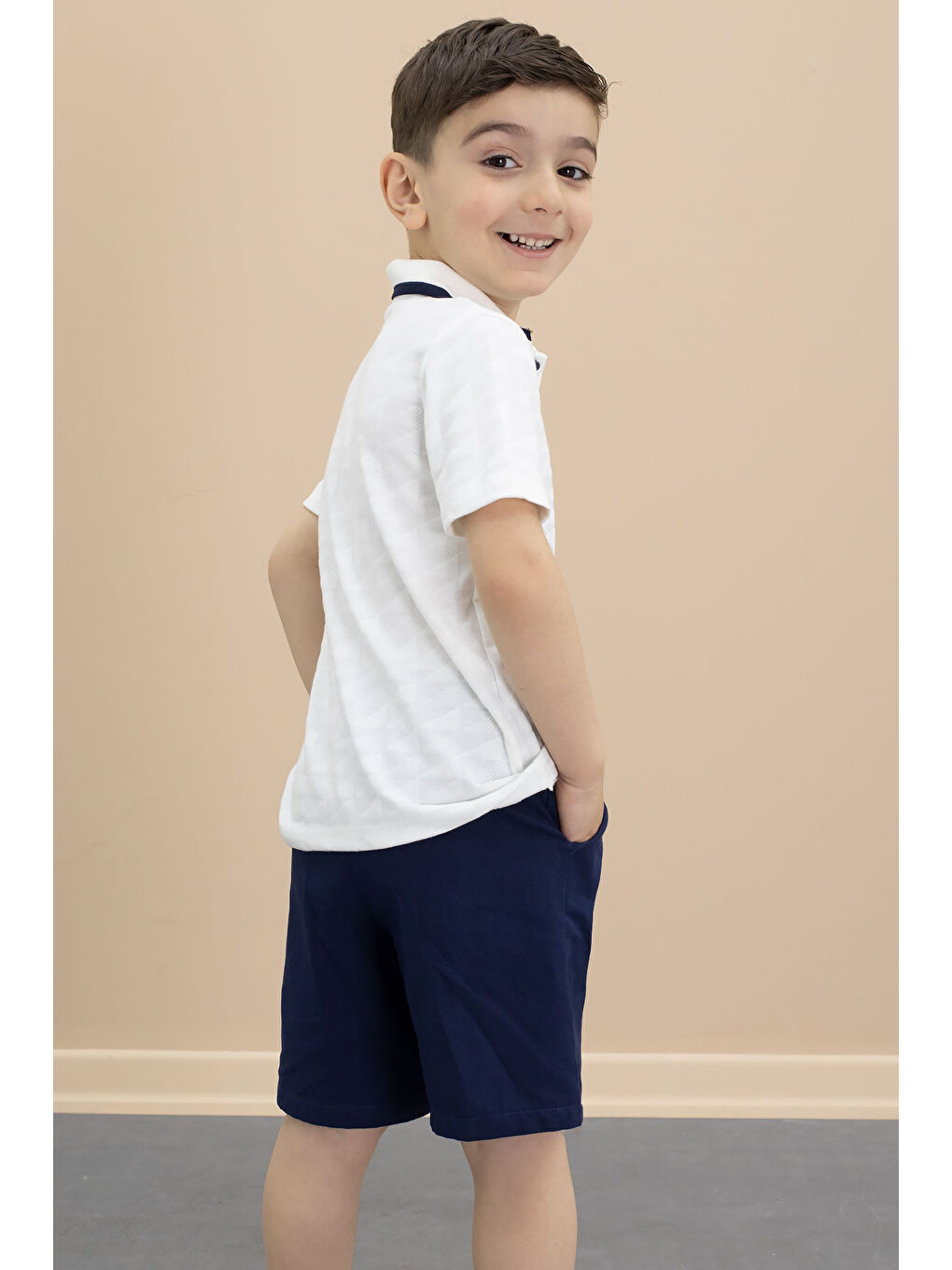 Lacivert Polo Yaka Düğmeli Tişörtlü Erkek Çocuk Şortlu 2li Takım 21105-4