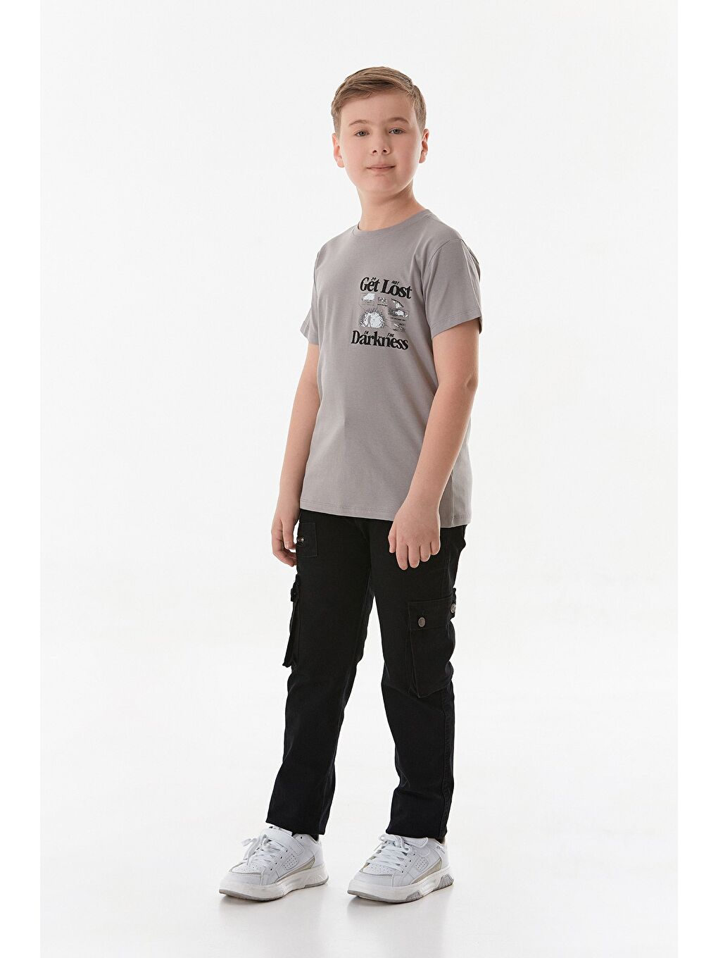 Gri Yazı Baskılı Bisiklet Yaka Erkek Çocuk Tişört-1
