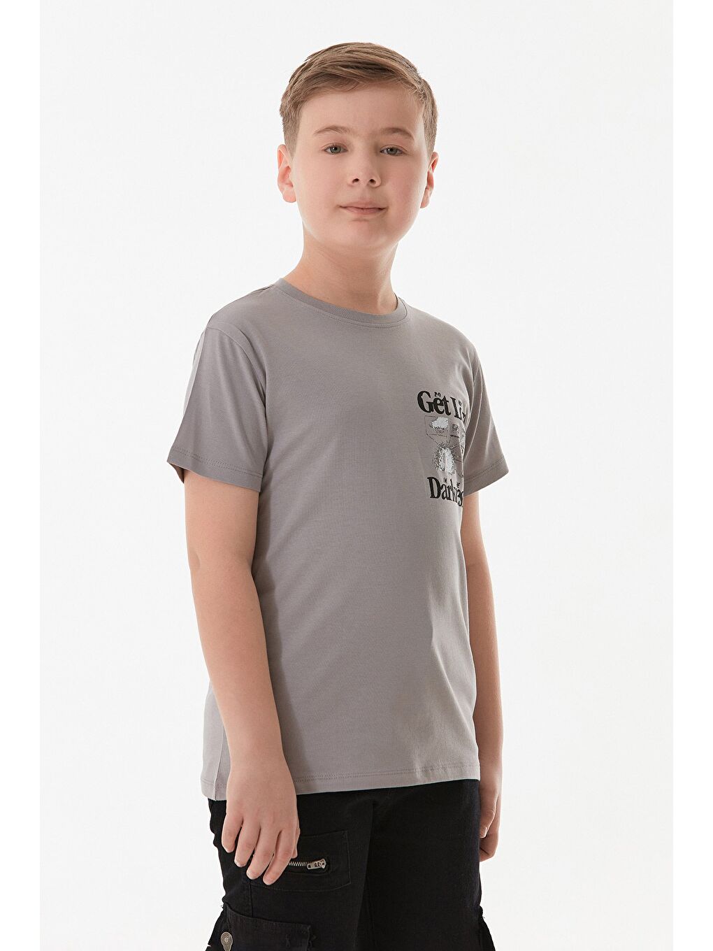 Gri Yazı Baskılı Bisiklet Yaka Erkek Çocuk Tişört-2