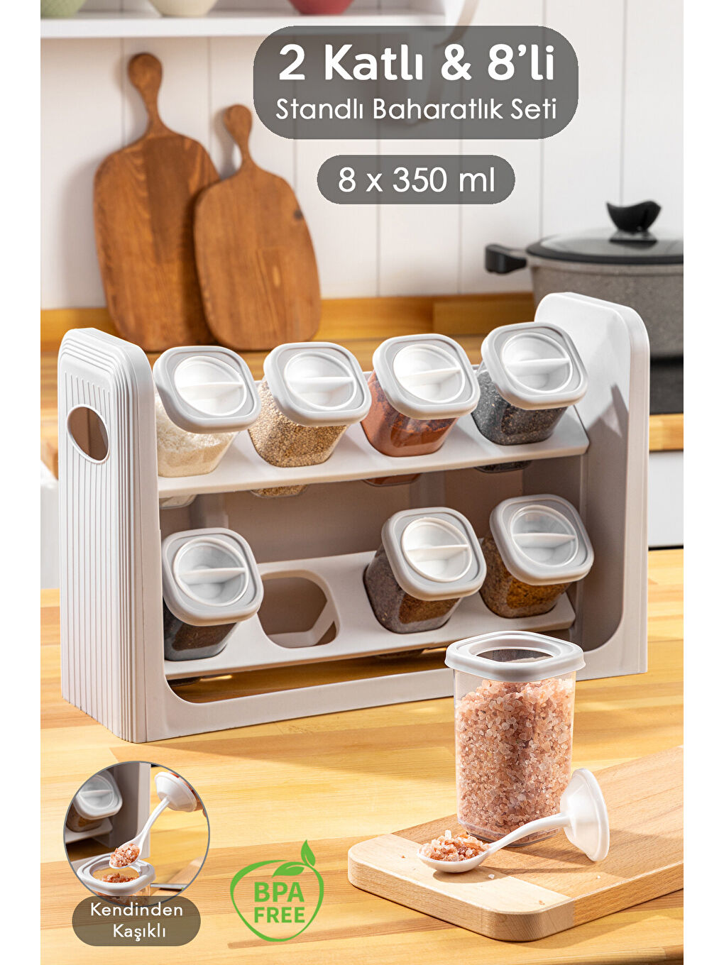 Bej 8'li Standlı, Kilitlenebilir Kapaklı Hava Almaz Baharatlık Seti
