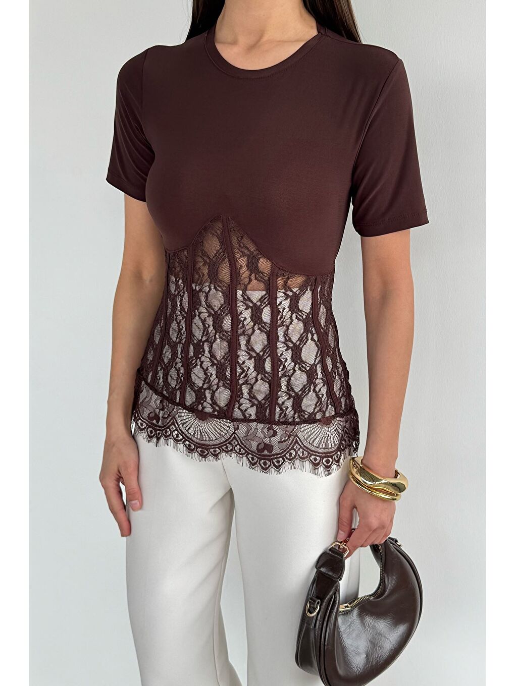 Kahverengi Kadın Dantelli Bluz-1