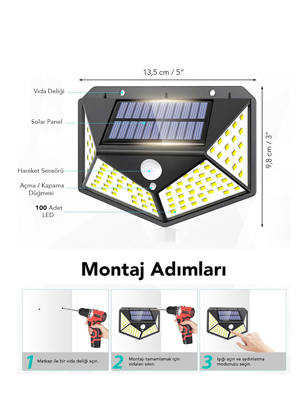 Siyah 1 Adet Güneş Enerjili Duvar Lambası-5