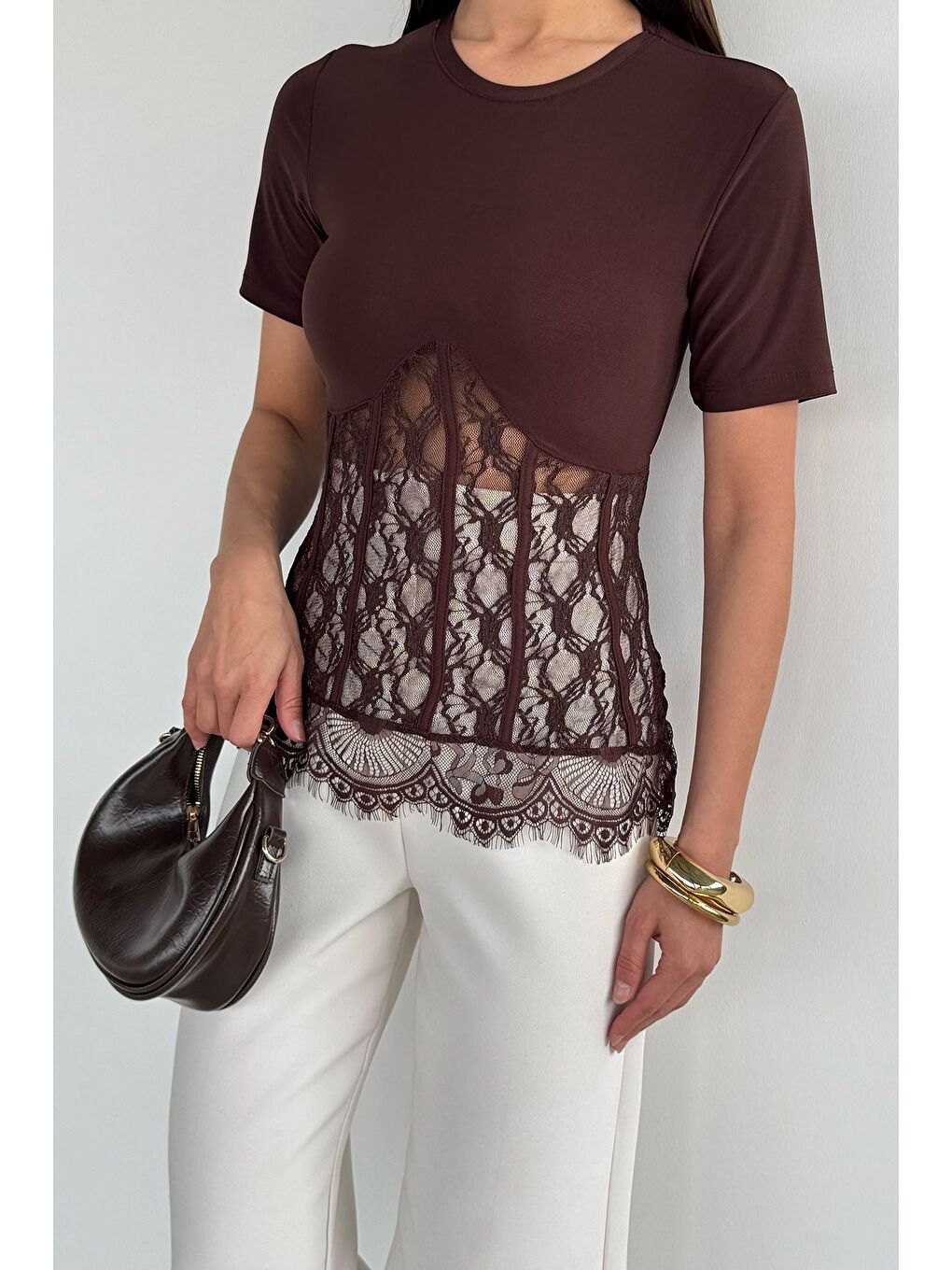 Kahverengi Kadın Dantelli Bluz-2