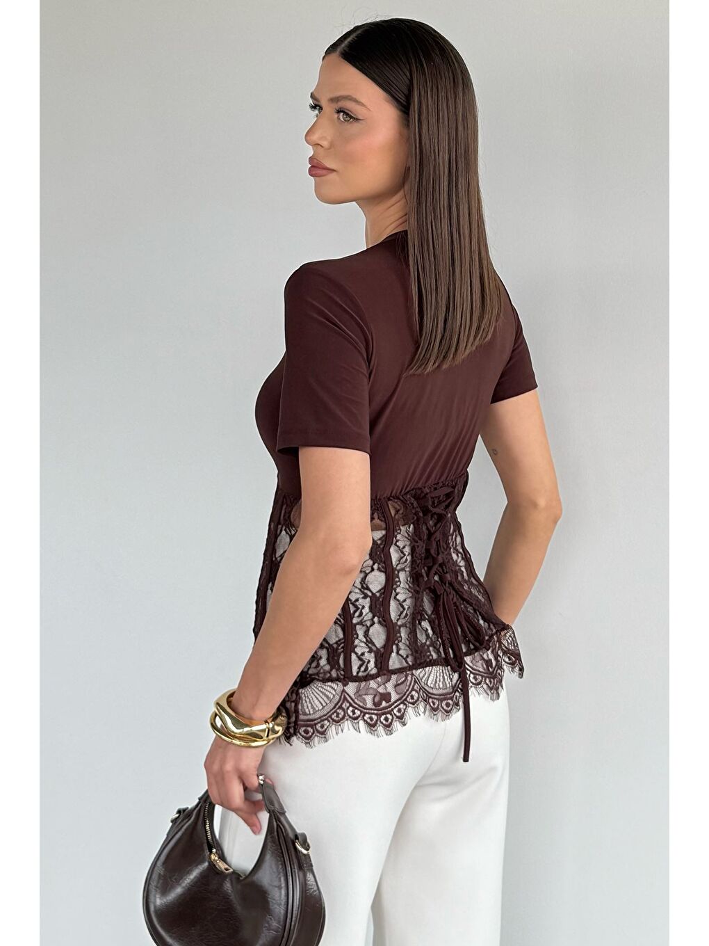 Kahverengi Kadın Dantelli Bluz-3