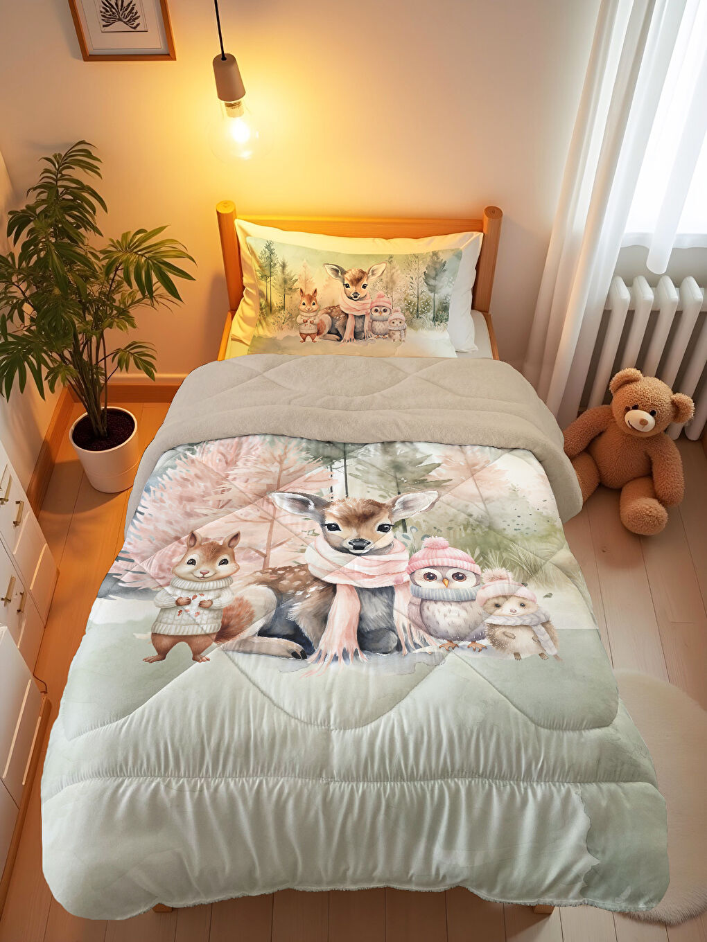 Yeşil Sevimli Hayvan Desenli Çift Taraflı Kapitone Çocuk Yorgan,Uyku Seti - 160x220 cm-1