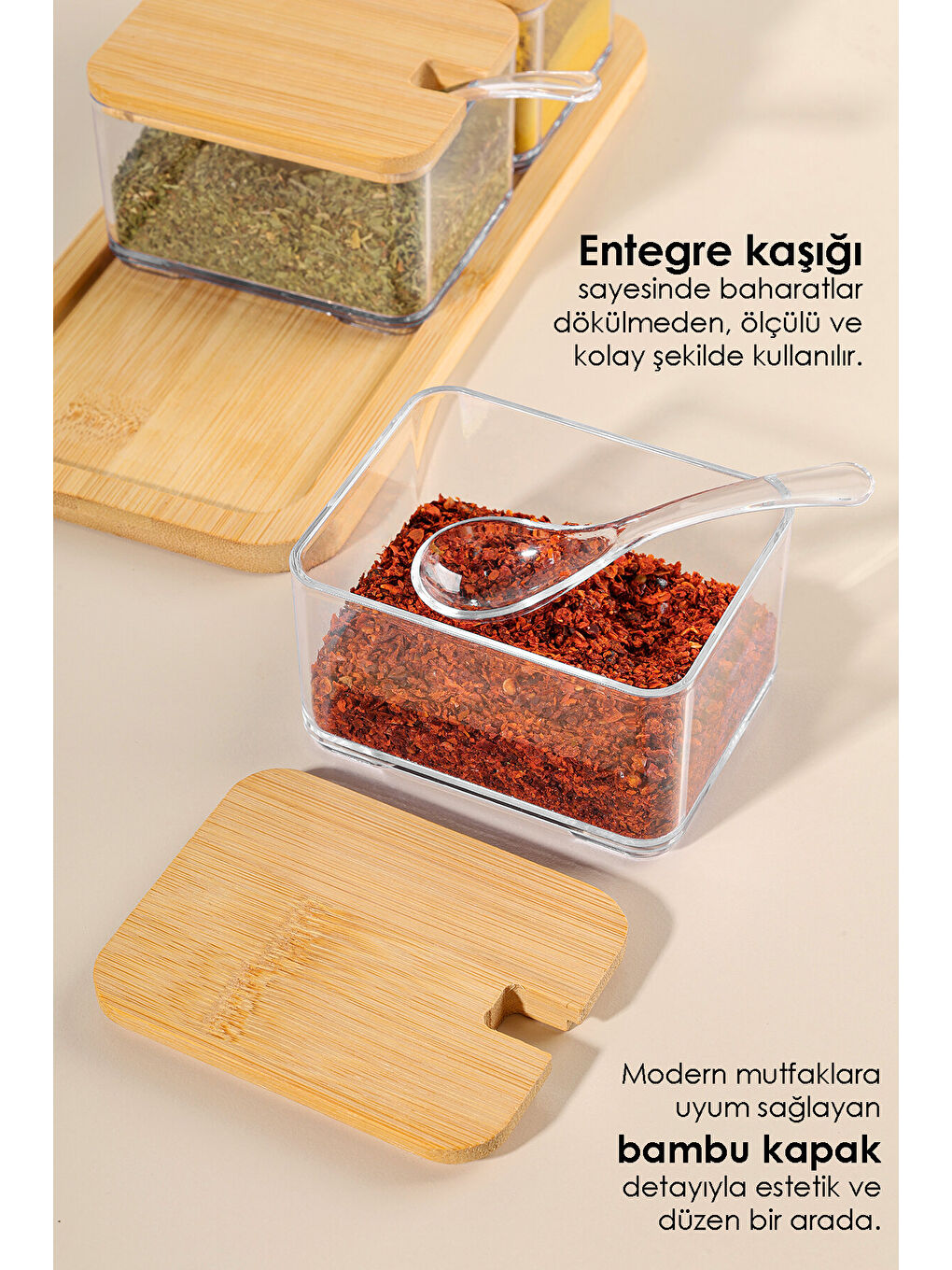 Renksiz 3'lü Bambu Kapak Kapaklı Saklama Kabı 250 ml-1