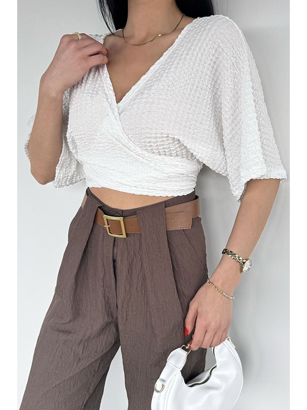 Ekru Kadın Bağlamalı Bluz-2