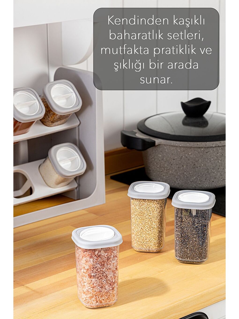 Bej 8'li Standlı, Kilitlenebilir Kapaklı Hava Almaz Baharatlık Seti-3