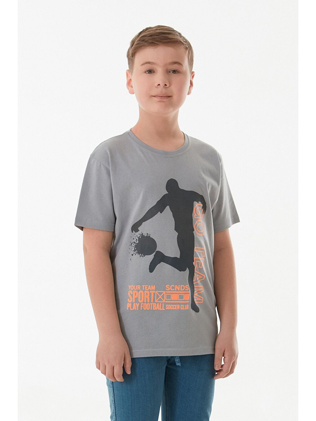 Gri Futbolcu Baskılı Bisiklet Yaka Erkek Çocuk Tişört