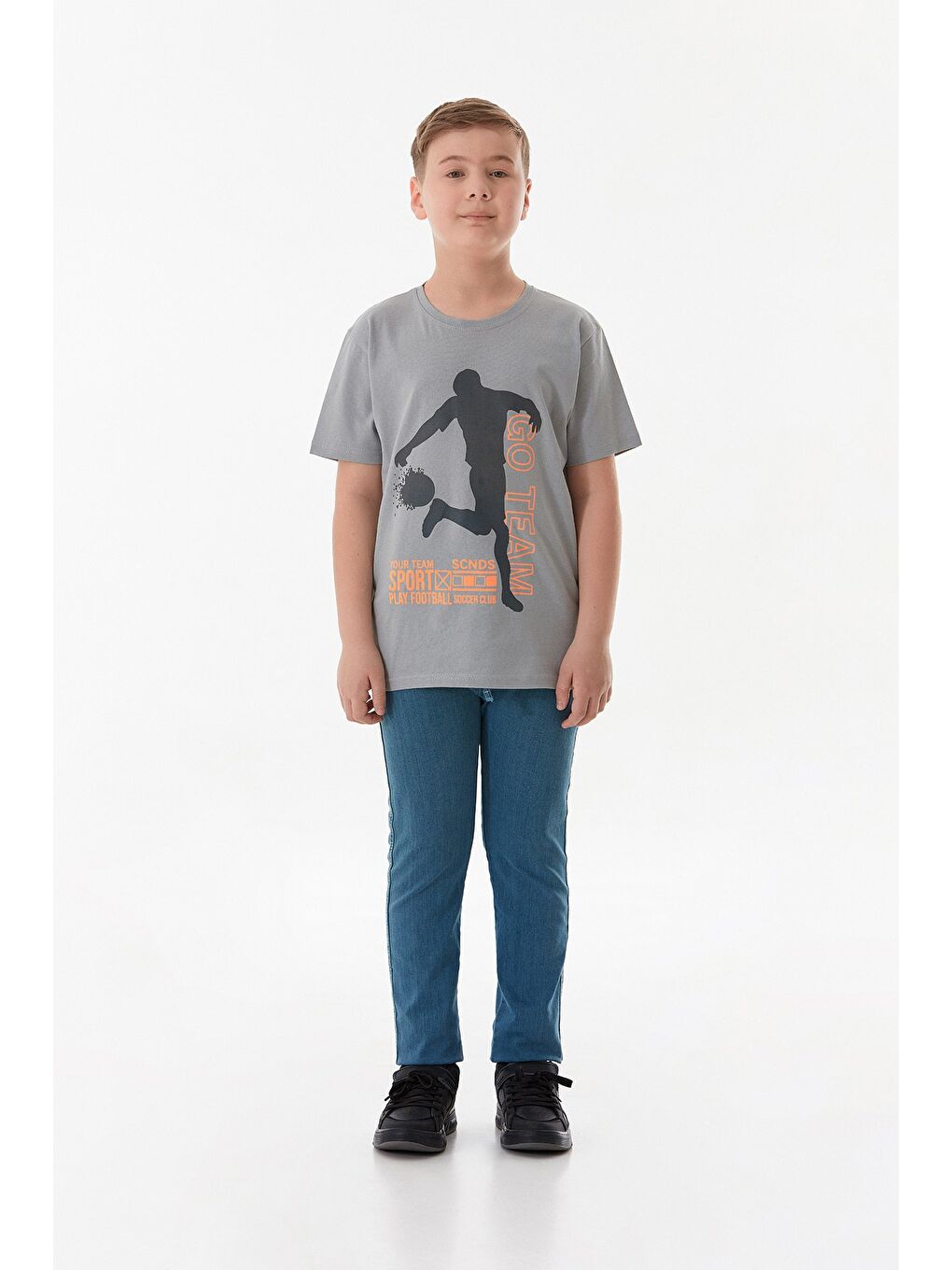 Gri Futbolcu Baskılı Bisiklet Yaka Erkek Çocuk Tişört-1