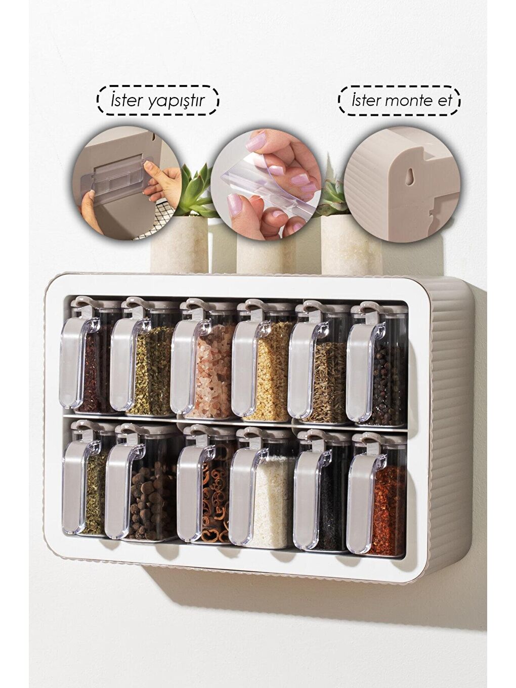 Kahverengi 0440 12 li Standlı Kendinden Yapışkanlı Kaşıklı Kapaklı Baharatlık Takımı - Cappuccino Beyaz-1